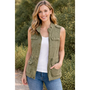 British Khaki Army Green Vest Blazer Button Up with Waist Tie Size XS